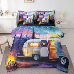 Erosebridal 7 Piece RV Camping Queen Comforter Set,Camper Bedding Sets for Travel Trailer,Aurora Starry Night Bed Set Mountain Bed in a Bag with Fitted Flat Sheet,Pillowcases,Throw Pillow Covers