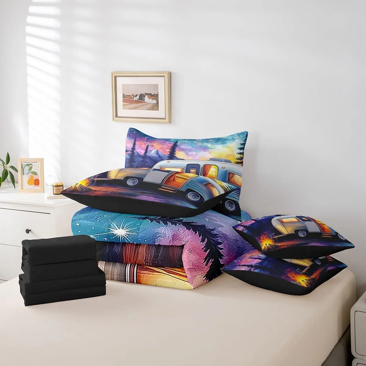 Erosebridal 7 Piece RV Camping Queen Comforter Set,Camper Bedding Sets for Travel Trailer,Aurora Starry Night Bed Set Mountain Bed in a Bag with Fitted Flat Sheet,Pillowcases,Throw Pillow Covers