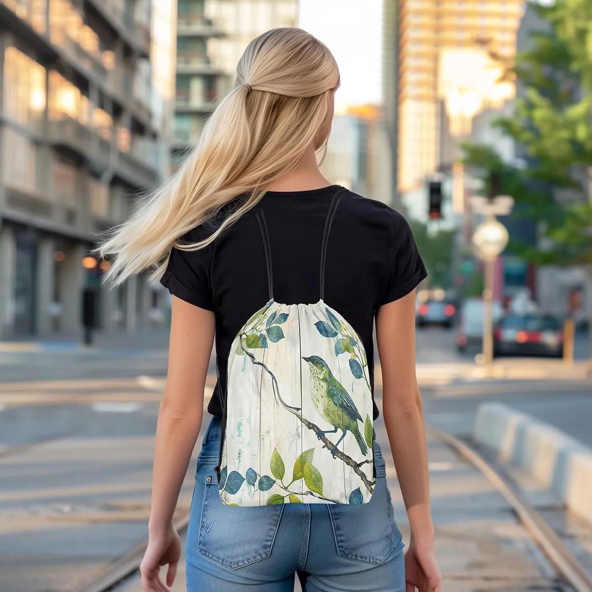 Erosebridal Bird on the Branch Drawstring Backpack 13x15.7,Abstract Rustic Barn Farmhouse Drawstring Bags,Botanical Leaves Branches Cinch Bag,Sparrow Wildlife Green Draw String Back Bag