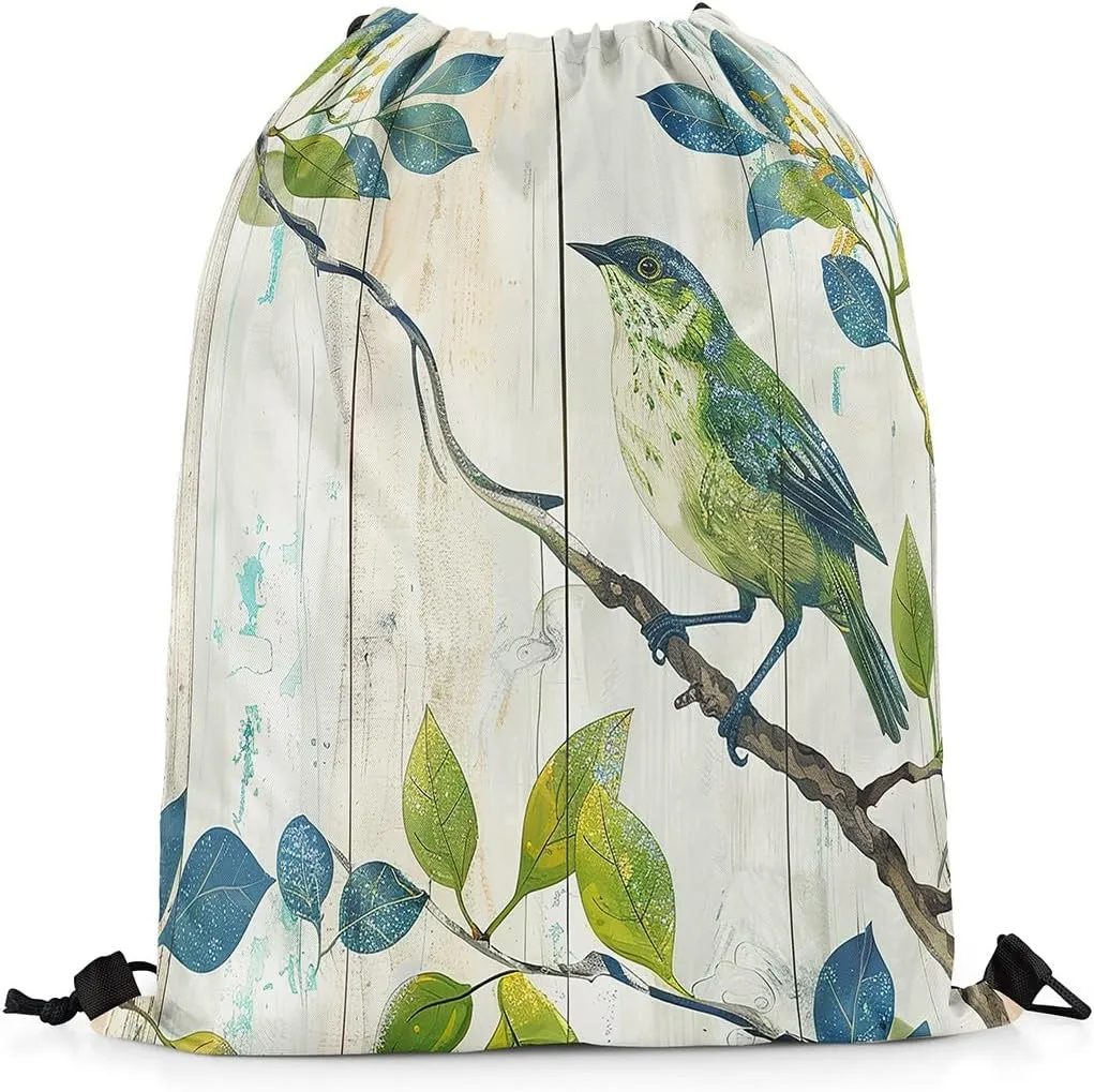 Erosebridal Bird on the Branch Drawstring Backpack 13x15.7,Abstract Rustic Barn Farmhouse Drawstring Bags,Botanical Leaves Branches Cinch Bag,Sparrow Wildlife Green Draw String Back Bag