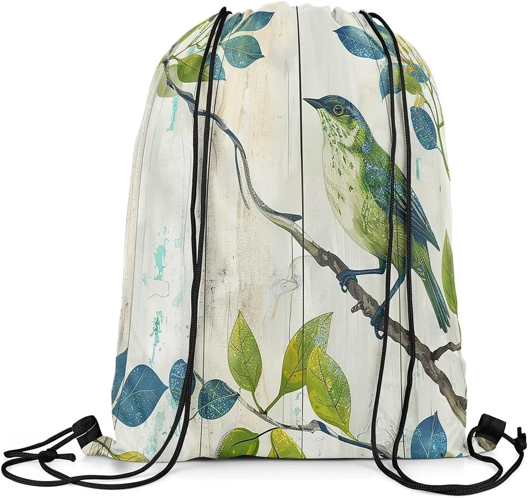 Erosebridal Bird on the Branch Drawstring Backpack 13x15.7,Abstract Rustic Barn Farmhouse Drawstring Bags,Botanical Leaves Branches Cinch Bag,Sparrow Wildlife Green Draw String Back Bag