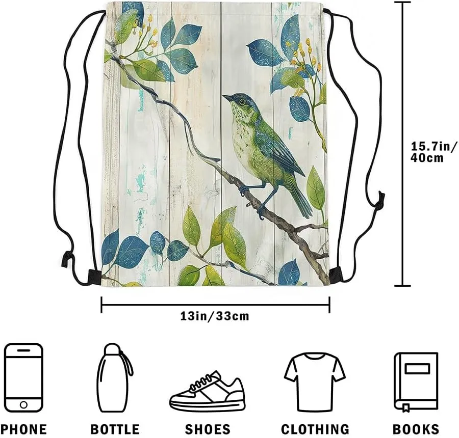 Erosebridal Bird on the Branch Drawstring Backpack 13x15.7,Abstract Rustic Barn Farmhouse Drawstring Bags,Botanical Leaves Branches Cinch Bag,Sparrow Wildlife Green Draw String Back Bag