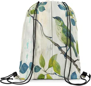 Erosebridal Bird on the Branch Drawstring Backpack 13x15.7,Abstract Rustic Barn Farmhouse Drawstring Bags,Botanical Leaves Branches Cinch Bag,Sparrow Wildlife Green Draw String Back Bag