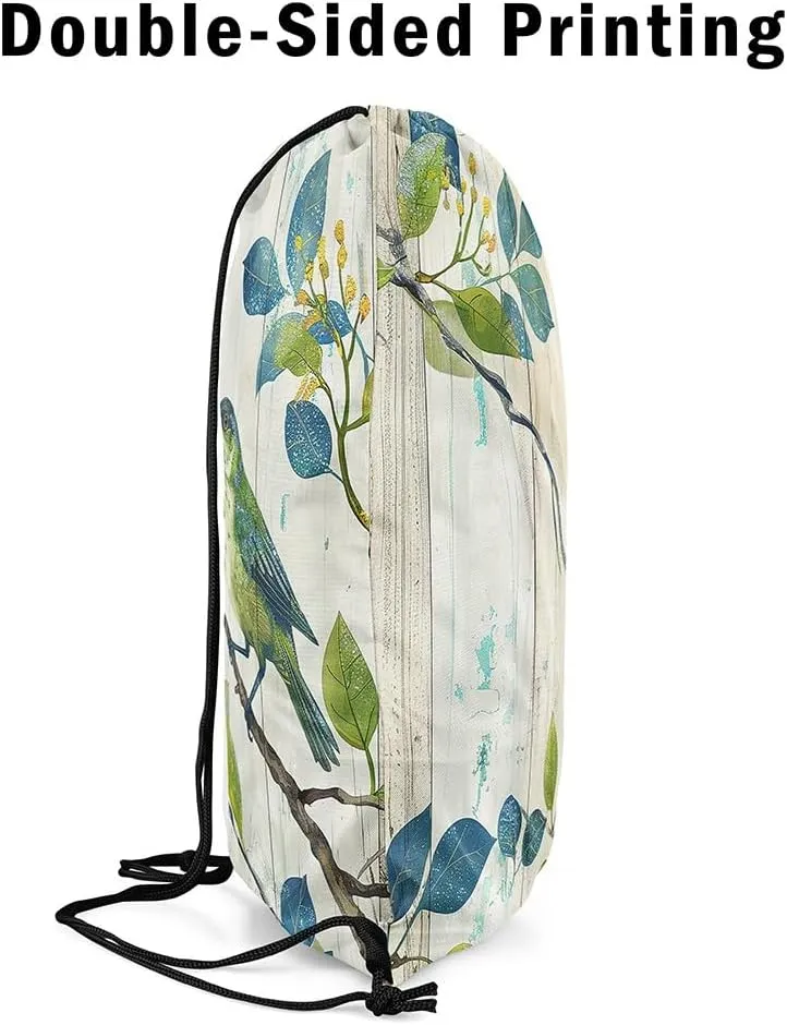 Erosebridal Bird on the Branch Drawstring Backpack 13x15.7,Abstract Rustic Barn Farmhouse Drawstring Bags,Botanical Leaves Branches Cinch Bag,Sparrow Wildlife Green Draw String Back Bag