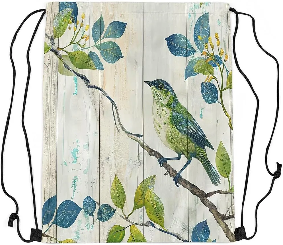 Erosebridal Bird on the Branch Drawstring Backpack 13x15.7,Abstract Rustic Barn Farmhouse Drawstring Bags,Botanical Leaves Branches Cinch Bag,Sparrow Wildlife Green Draw String Back Bag