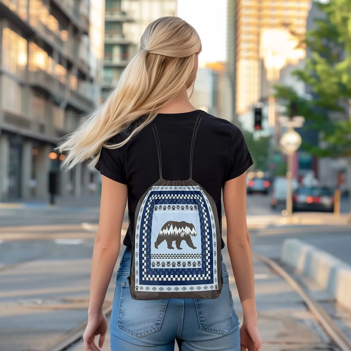 Erosebridal Bohemian Rustic Cabin Lodge Foldable Drawstring Backpack,Blue Gray Bear Wild Animal Drawstring Bags,Boho Bear Hunting Cinch bag,Countryside Rustic Farmhouse Draw String Back Bag,13x15.7
