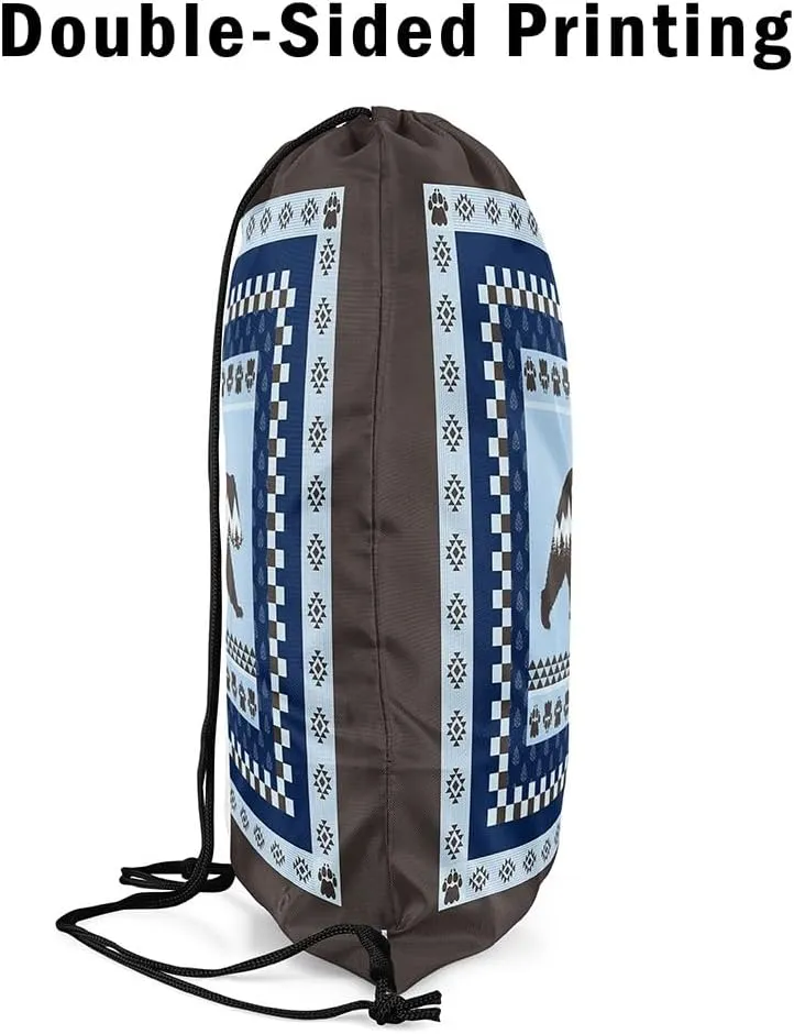 Erosebridal Bohemian Rustic Cabin Lodge Foldable Drawstring Backpack,Blue Gray Bear Wild Animal Drawstring Bags,Boho Bear Hunting Cinch bag,Countryside Rustic Farmhouse Draw String Back Bag,13x15.7