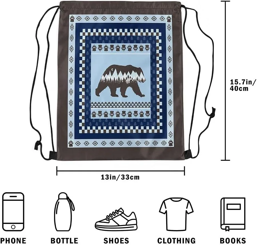 Erosebridal Bohemian Rustic Cabin Lodge Foldable Drawstring Backpack,Blue Gray Bear Wild Animal Drawstring Bags,Boho Bear Hunting Cinch bag,Countryside Rustic Farmhouse Draw String Back Bag,13x15.7