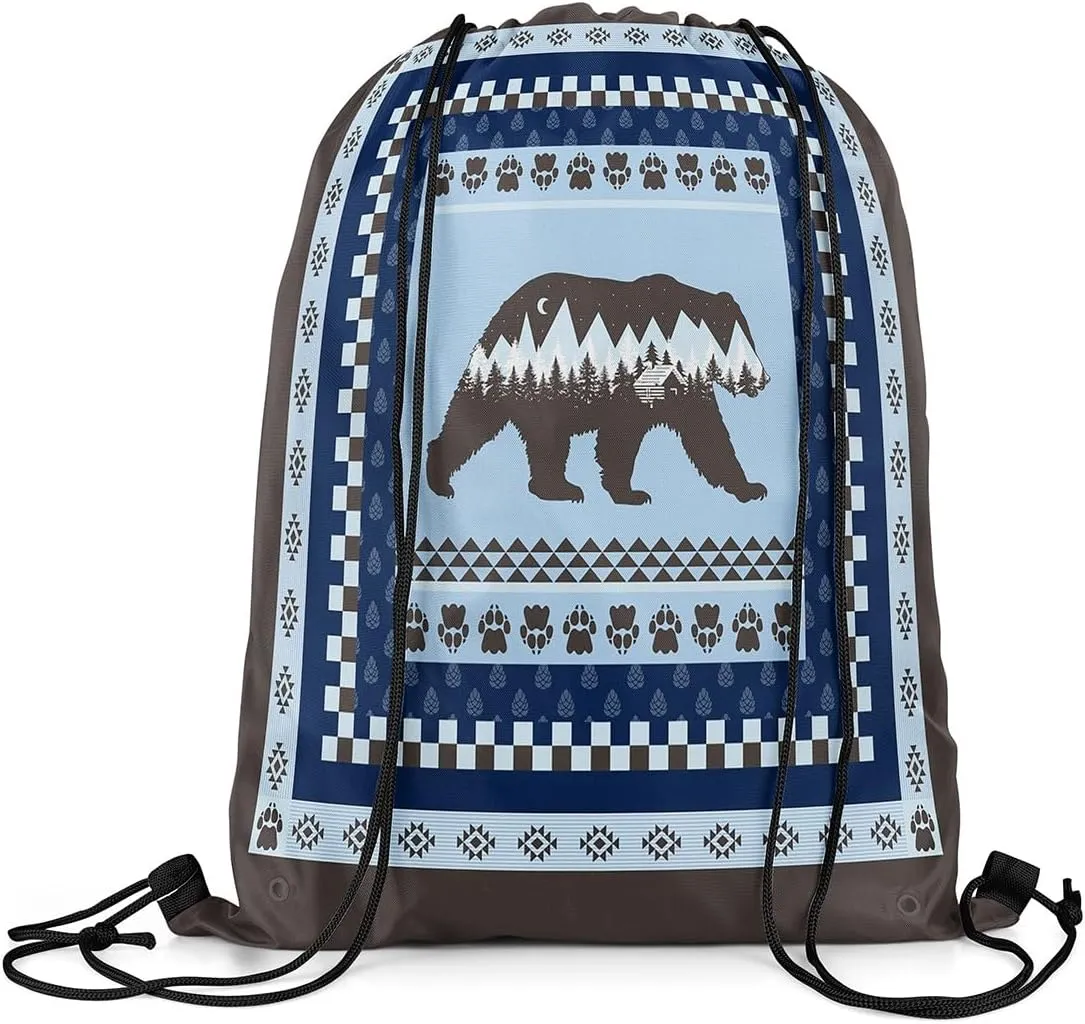 Erosebridal Bohemian Rustic Cabin Lodge Foldable Drawstring Backpack,Blue Gray Bear Wild Animal Drawstring Bags,Boho Bear Hunting Cinch bag,Countryside Rustic Farmhouse Draw String Back Bag,13x15.7