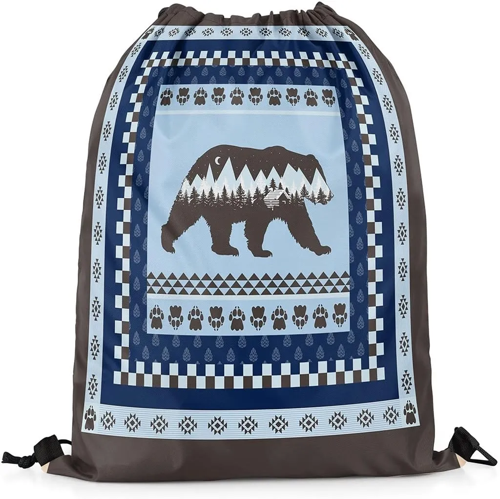 Erosebridal Bohemian Rustic Cabin Lodge Foldable Drawstring Backpack,Blue Gray Bear Wild Animal Drawstring Bags,Boho Bear Hunting Cinch bag,Countryside Rustic Farmhouse Draw String Back Bag,13x15.7