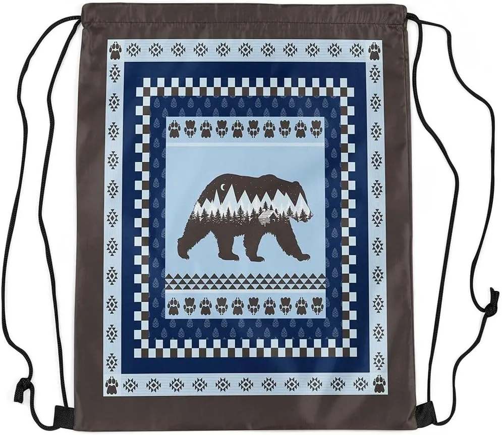 Erosebridal Bohemian Rustic Cabin Lodge Foldable Drawstring Backpack,Blue Gray Bear Wild Animal Drawstring Bags,Boho Bear Hunting Cinch bag,Countryside Rustic Farmhouse Draw String Back Bag,13x15.7