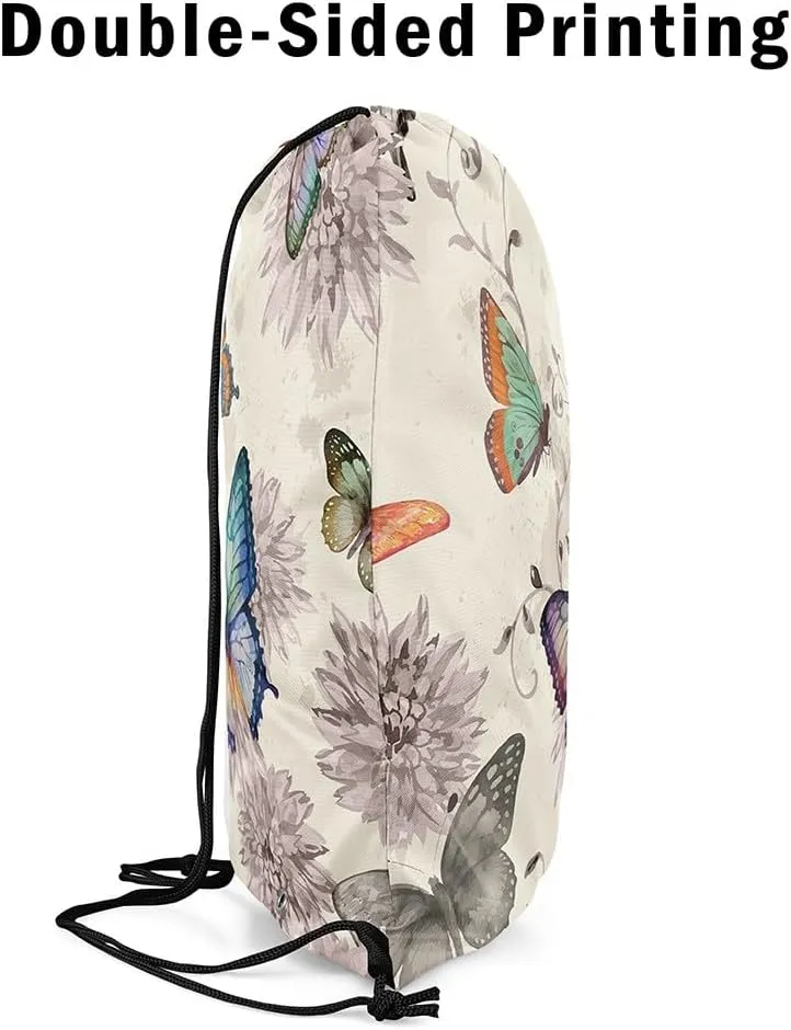 Erosebridal Butterfly Drawstring Bags 13X15.7,Retro Butterflies Draw String Back Bag,Vintage Floral Flower Drawstring Backpack,Spring Nature Rustic Farmhouse Cinch Bag,Reversible Foldable