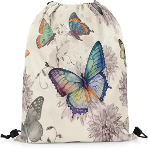 Erosebridal Butterfly Drawstring Bags 13X15.7,Retro Butterflies Draw String Back Bag,Vintage Floral Flower Drawstring Backpack,Spring Nature Rustic Farmhouse Cinch Bag,Reversible Foldable