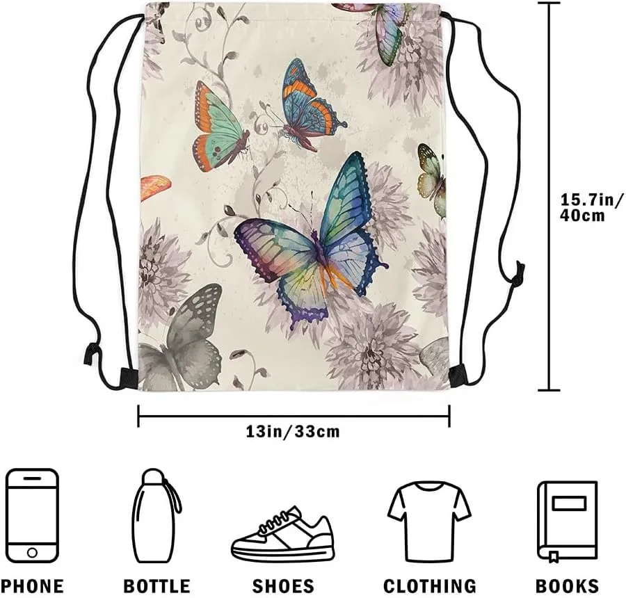 Erosebridal Butterfly Drawstring Bags 13X15.7,Retro Butterflies Draw String Back Bag,Vintage Floral Flower Drawstring Backpack,Spring Nature Rustic Farmhouse Cinch Bag,Reversible Foldable