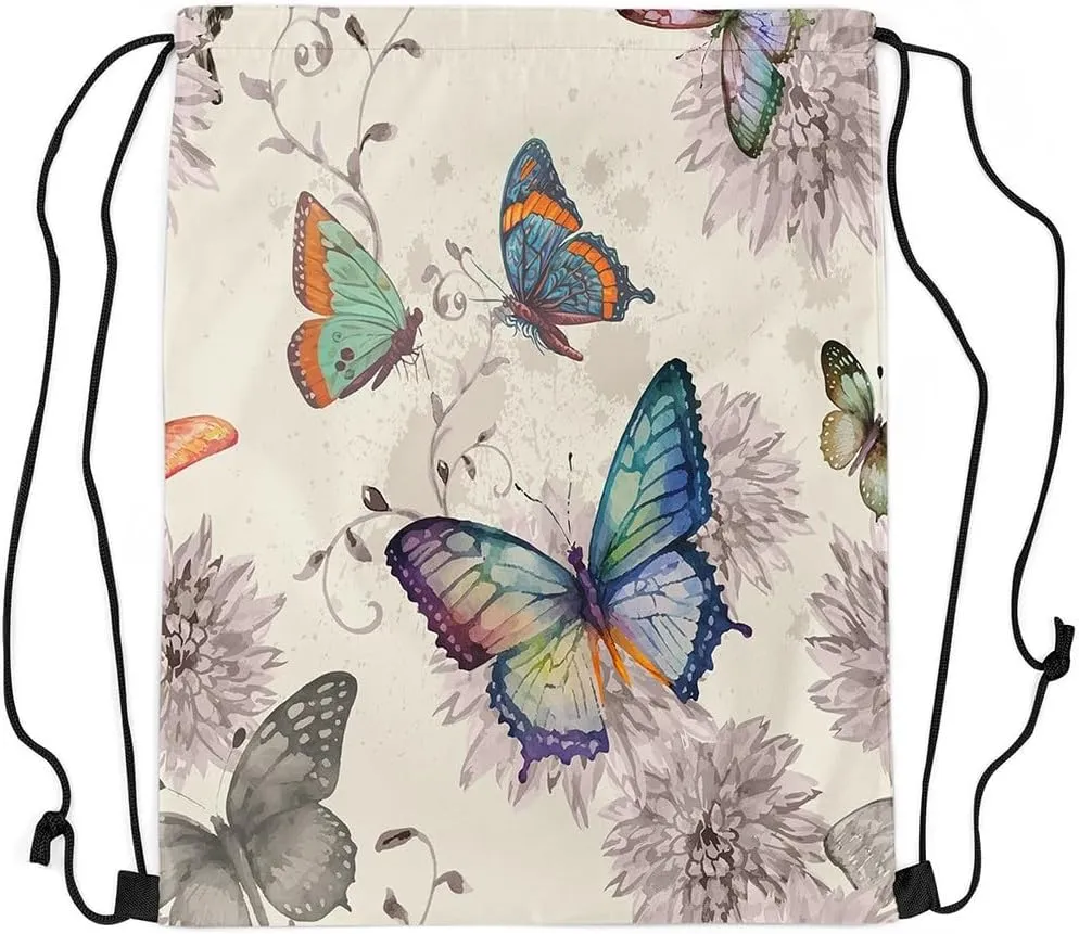 Erosebridal Butterfly Drawstring Bags 13X15.7,Retro Butterflies Draw String Back Bag,Vintage Floral Flower Drawstring Backpack,Spring Nature Rustic Farmhouse Cinch Bag,Reversible Foldable