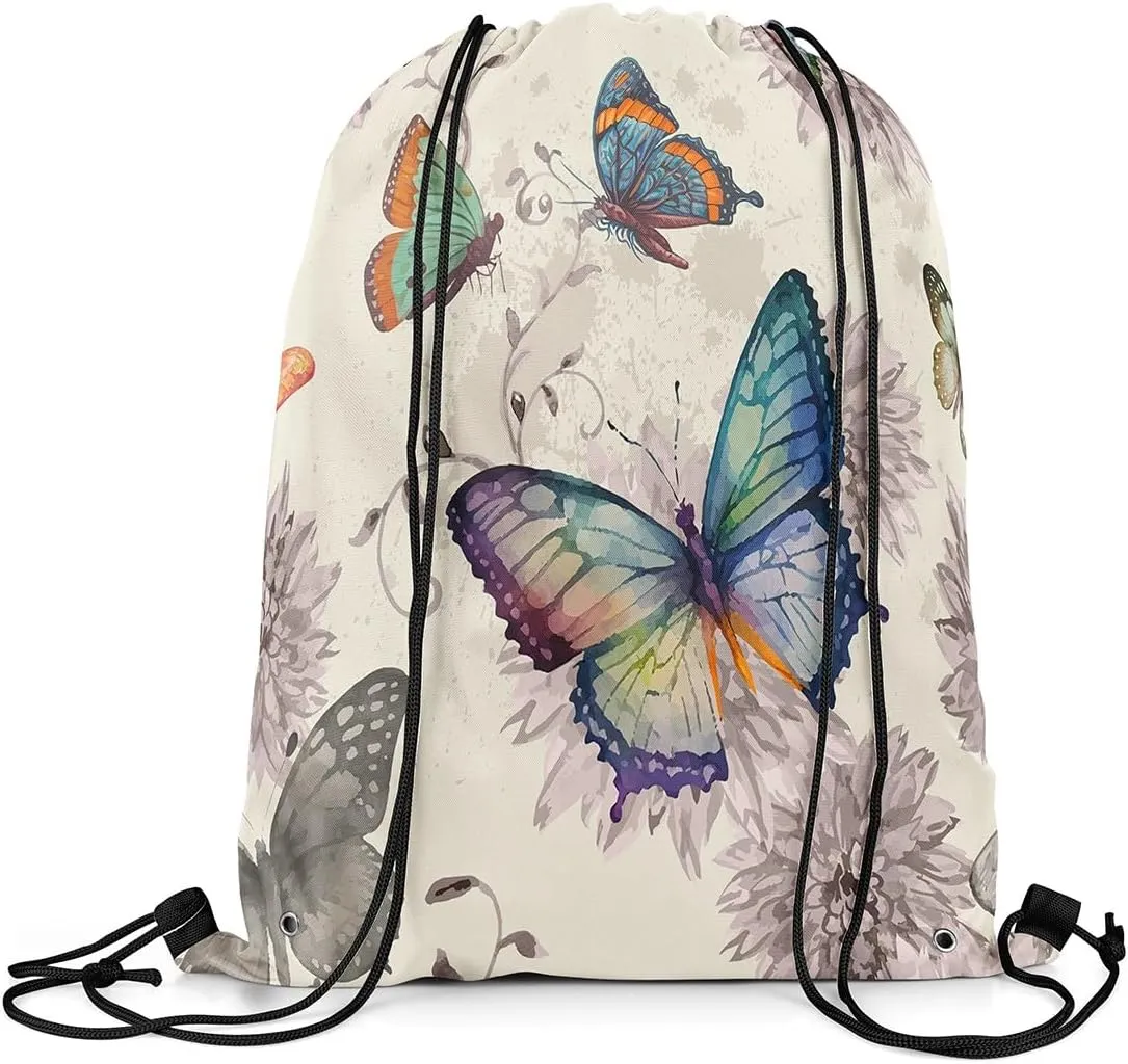 Erosebridal Butterfly Drawstring Bags 13X15.7,Retro Butterflies Draw String Back Bag,Vintage Floral Flower Drawstring Backpack,Spring Nature Rustic Farmhouse Cinch Bag,Reversible Foldable