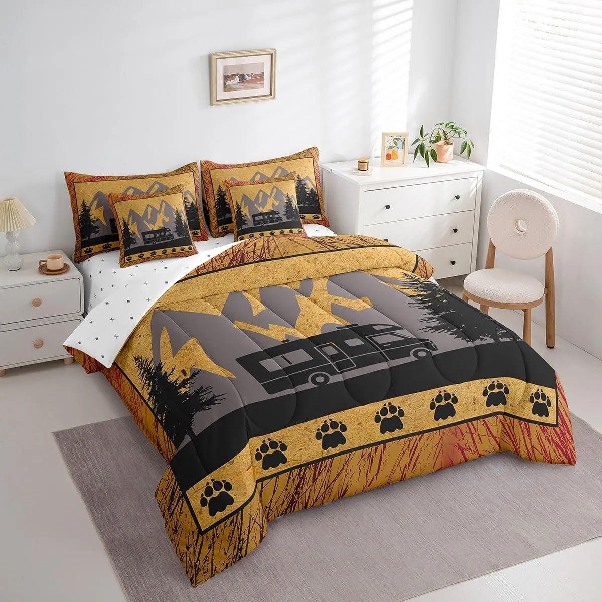 Erosebridal Camper Decor Bed in A Bag Full Comforter Set 7 Piece, Rv Happy Camping Bedding Sets Rustic Farmhouse Comforter Set Camper Accessories for Travel Trailers, Wooden Barn Door Bed Set