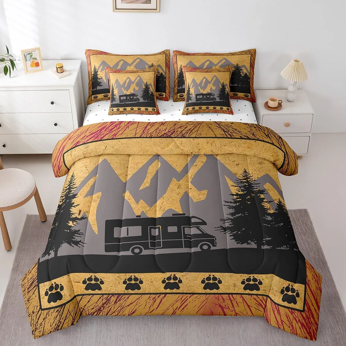 Erosebridal Camper Decor Bed in A Bag Full Comforter Set 7 Piece, Rv Happy Camping Bedding Sets Rustic Farmhouse Comforter Set Camper Accessories for Travel Trailers, Wooden Barn Door Bed Set