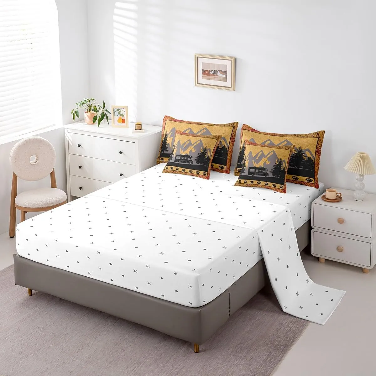 Erosebridal Camper Decor Bed in A Bag Full Comforter Set 7 Piece, Rv Happy Camping Bedding Sets Rustic Farmhouse Comforter Set Camper Accessories for Travel Trailers, Wooden Barn Door Bed Set