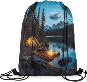 Erosebridal Camper Drawstring Backpack 13x15.7, Happy Camping Trees Reversible String Bag, Rustic Farmhouse Style Waterproof Sackpack For Sport Gym Swim Yoga Camping, Woodland Adventure Cinch Bags