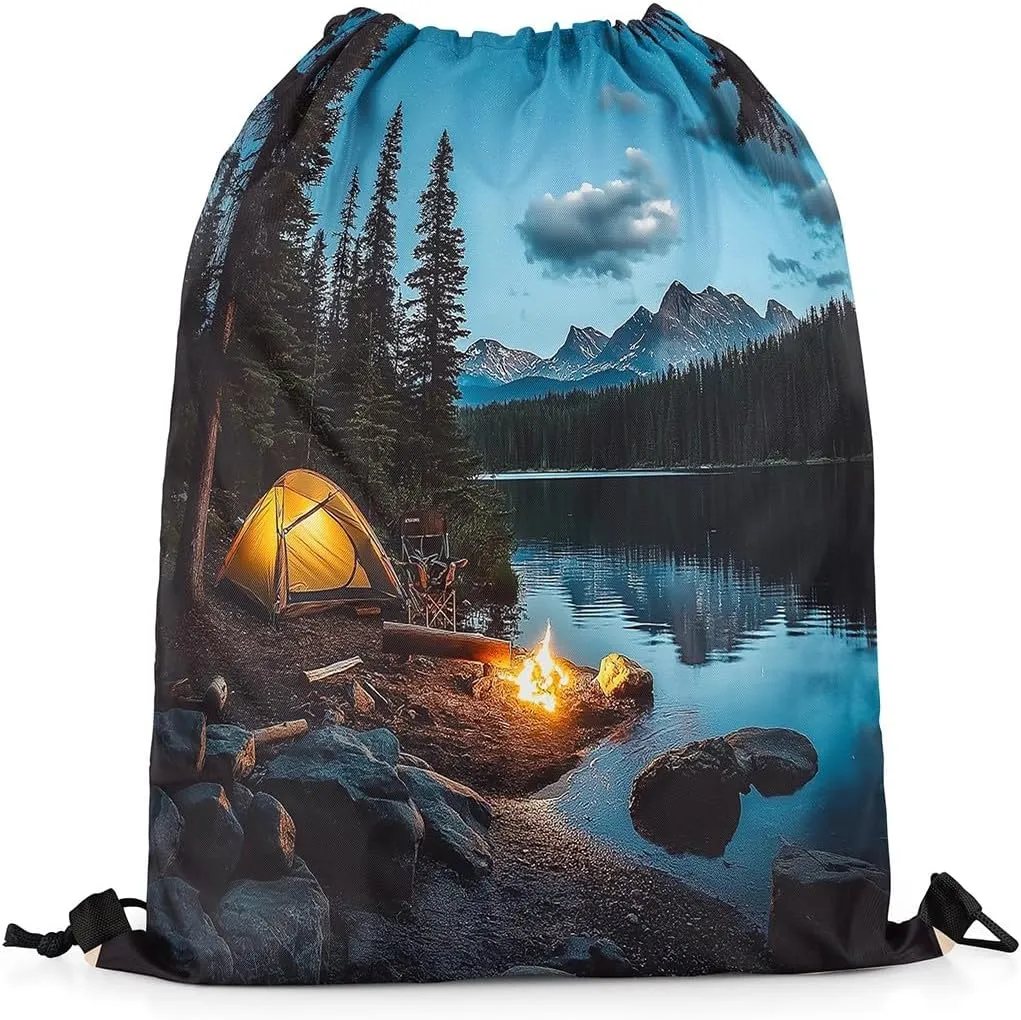 Erosebridal Camper Drawstring Backpack 13x15.7, Happy Camping Trees Reversible String Bag, Rustic Farmhouse Style Waterproof Sackpack For Sport Gym Swim Yoga Camping, Woodland Adventure Cinch Bags