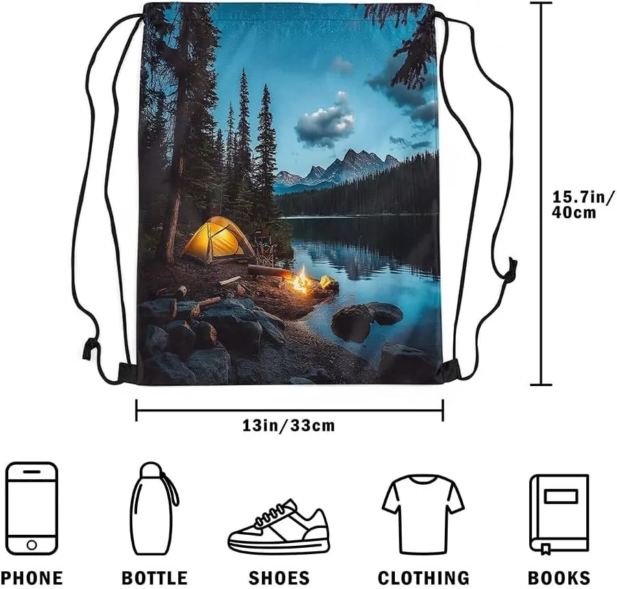 Erosebridal Camper Drawstring Backpack 13x15.7, Happy Camping Trees Reversible String Bag, Rustic Farmhouse Style Waterproof Sackpack For Sport Gym Swim Yoga Camping, Woodland Adventure Cinch Bags