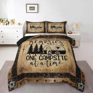 Erosebridal Camper Queen Comforter Set, Happy Camping Bedding Set Rv Decorations for Inside, Vintage Rustic Farmhouse Quilt for Travel Trailers, Sun Moon Starry Sky Duvet Insert, Brown Black