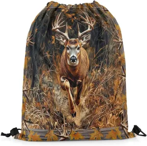 Erosebridal Deer Hunting Drawstring Backpack,Rustic Farmhouse Woodland Maples Fall Leaves Drawstring Bags,Elk Moose Antlers Deerhorn Cinch bag,Hunter Western Wild Animal String Backpack,13x15.7,Brown