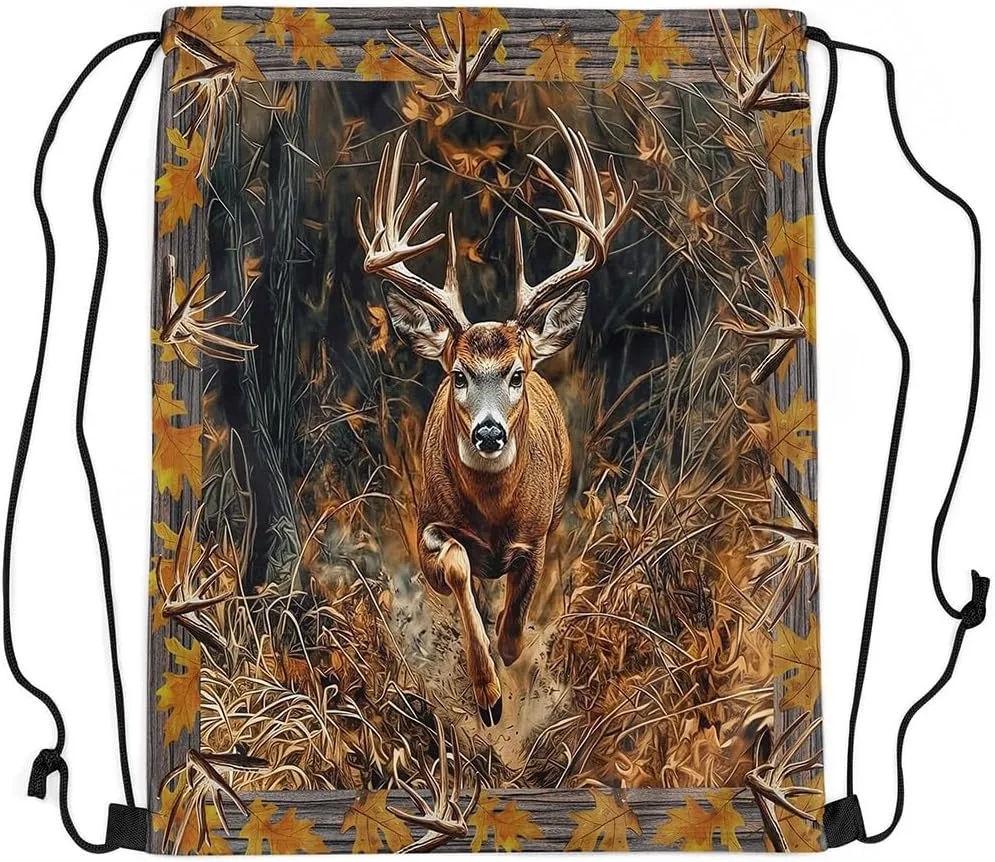 Erosebridal Deer Hunting Drawstring Backpack,Rustic Farmhouse Woodland Maples Fall Leaves Drawstring Bags,Elk Moose Antlers Deerhorn Cinch bag,Hunter Western Wild Animal String Backpack,13x15.7,Brown