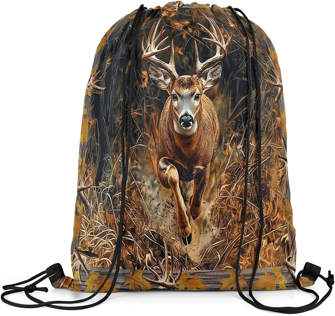 Erosebridal Deer Hunting Drawstring Backpack,Rustic Farmhouse Woodland Maples Fall Leaves Drawstring Bags,Elk Moose Antlers Deerhorn Cinch bag,Hunter Western Wild Animal String Backpack,13x15.7,Brown