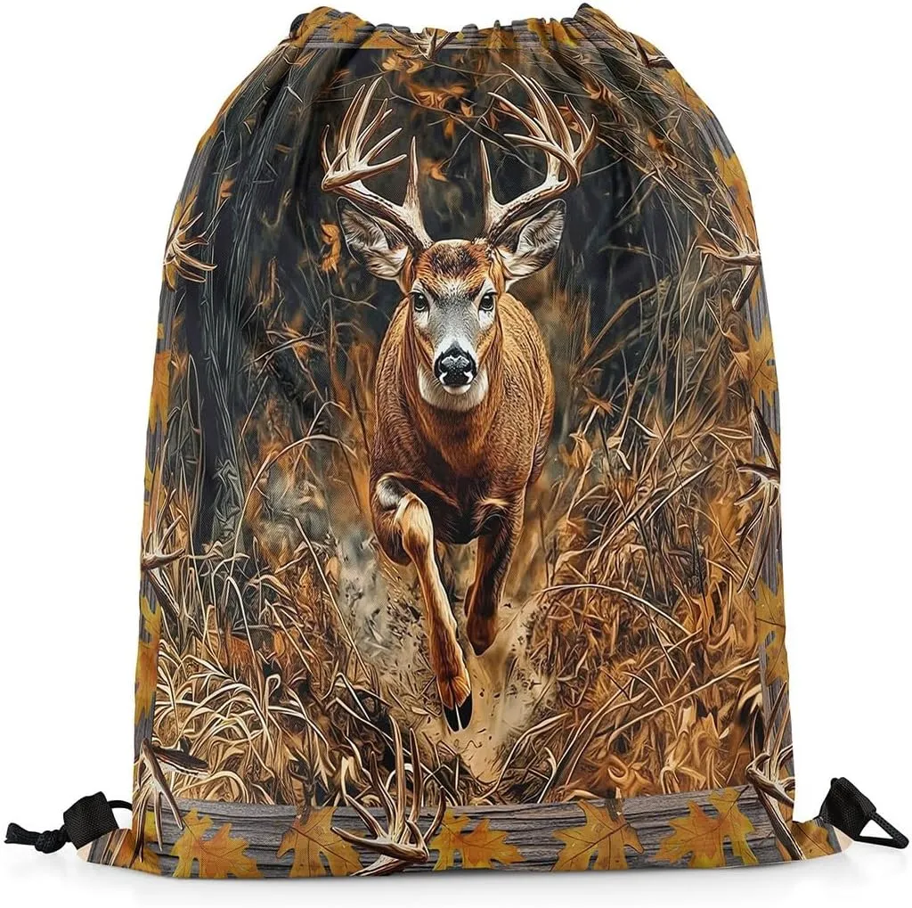 Erosebridal Deer Hunting Drawstring Backpack,Rustic Farmhouse Woodland Maples Fall Leaves Drawstring Bags,Elk Moose Antlers Deerhorn Cinch bag,Hunter Western Wild Animal String Backpack,13x15.7,Brown
