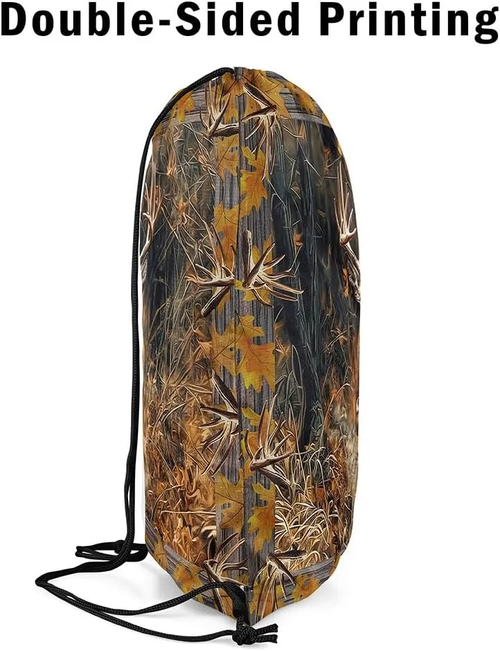 Erosebridal Deer Hunting Drawstring Backpack,Rustic Farmhouse Woodland Maples Fall Leaves Drawstring Bags,Elk Moose Antlers Deerhorn Cinch bag,Hunter Western Wild Animal String Backpack,13x15.7,Brown