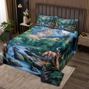 Erosebridal Deer Hunting Queen Size Bedspread Sets Woodland Wildlife Coverlet Sets Nature Wild Deer Animal Quilt Set Rustic Cabin Jungle Elk Bedding Set for Kids Boys Girls Room Decor