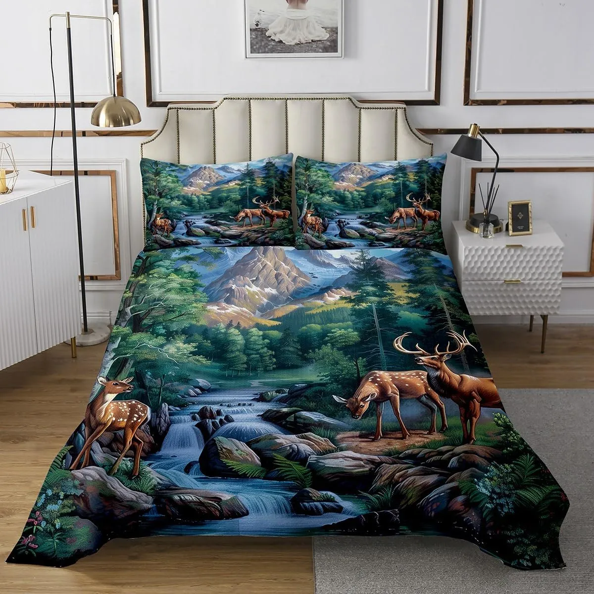 Erosebridal Deer Hunting Queen Size Bedspread Sets Woodland Wildlife Coverlet Sets Nature Wild Deer Animal Quilt Set Rustic Cabin Jungle Elk Bedding Set for Kids Boys Girls Room Decor