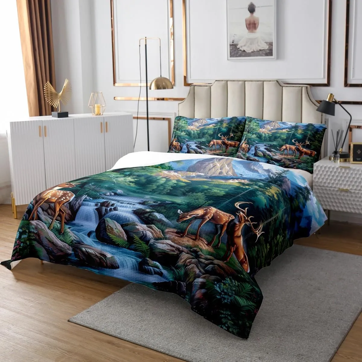 Erosebridal Deer Hunting Queen Size Bedspread Sets Woodland Wildlife Coverlet Sets Nature Wild Deer Animal Quilt Set Rustic Cabin Jungle Elk Bedding Set for Kids Boys Girls Room Decor