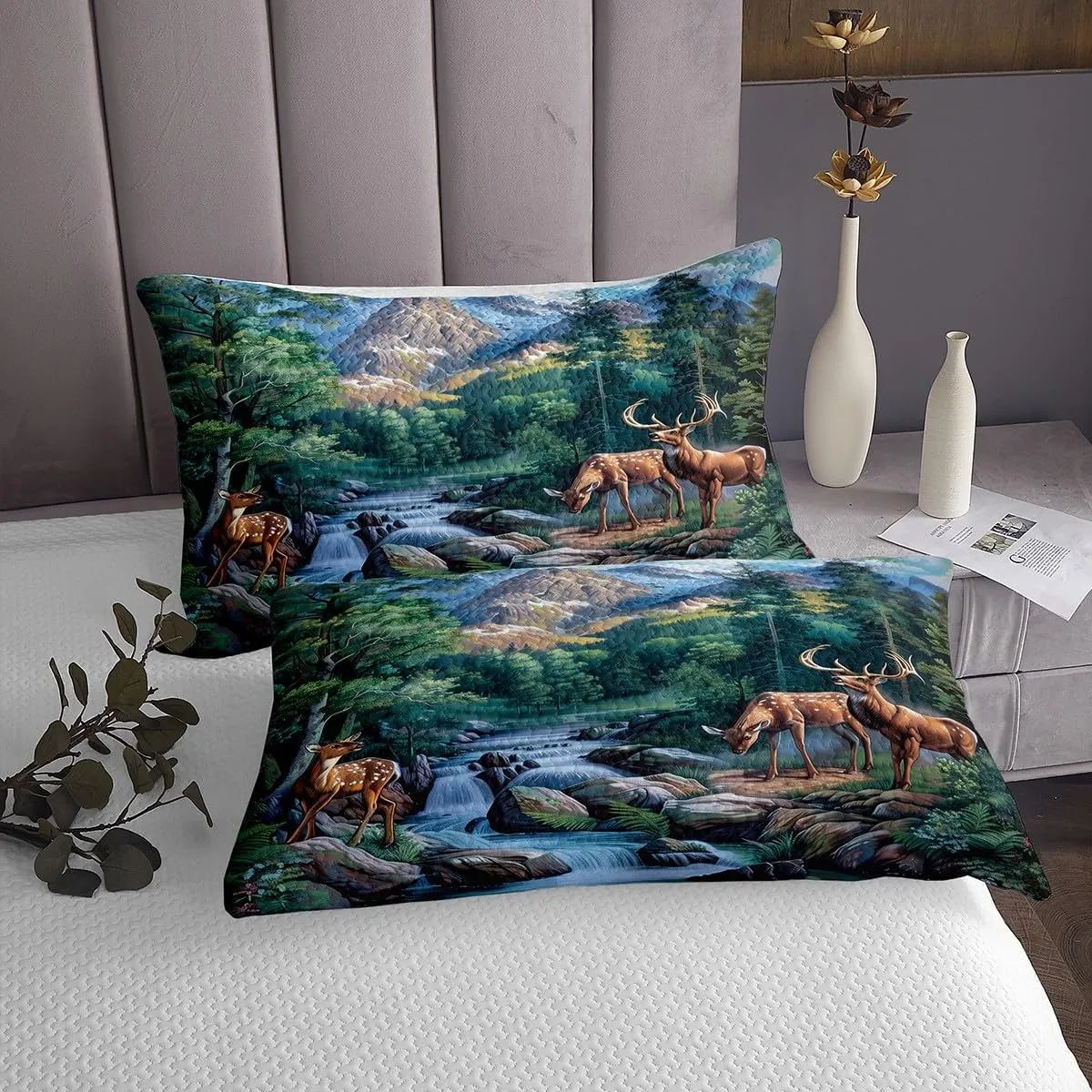 Erosebridal Deer Hunting Queen Size Bedspread Sets Woodland Wildlife Coverlet Sets Nature Wild Deer Animal Quilt Set Rustic Cabin Jungle Elk Bedding Set for Kids Boys Girls Room Decor
