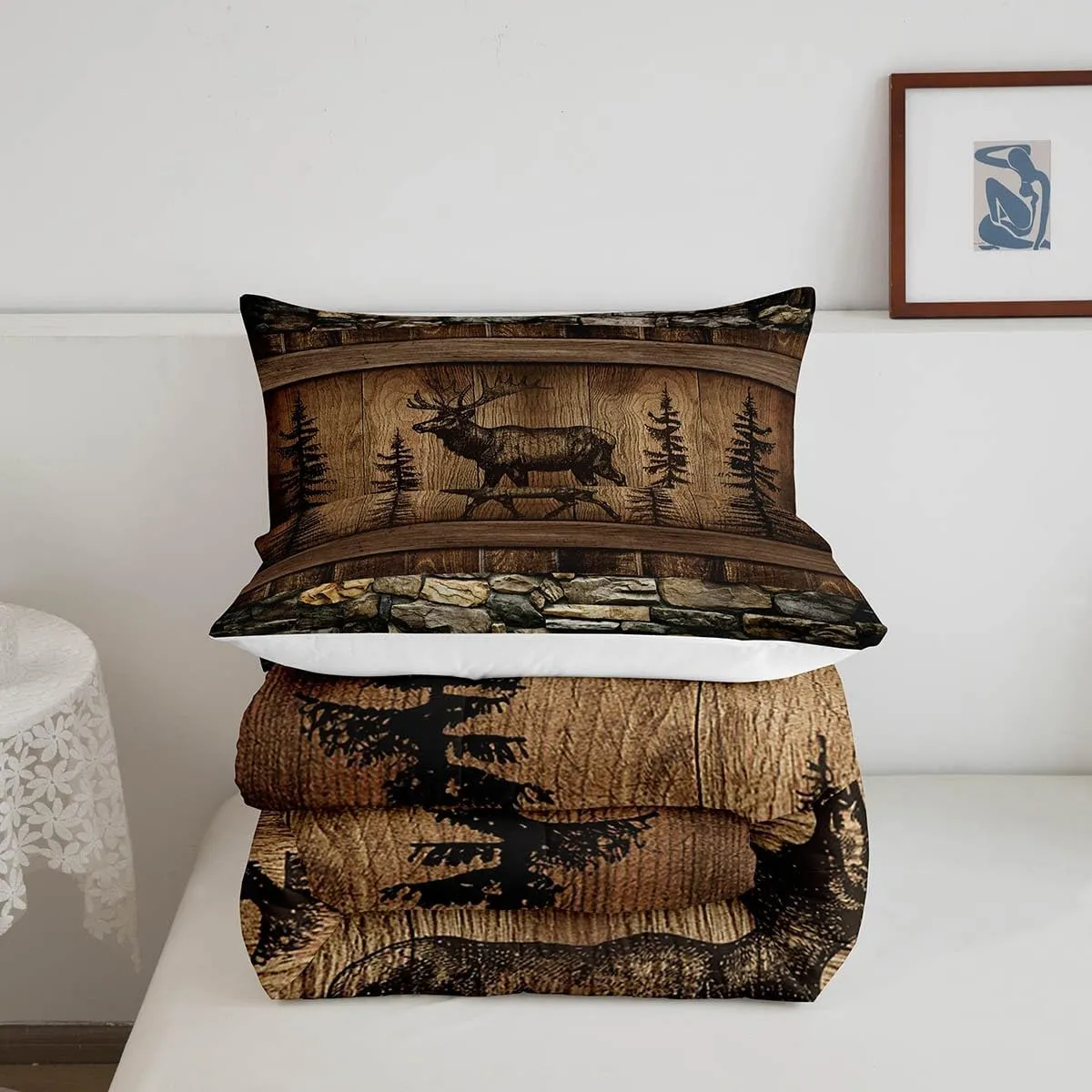 Erosebridal Deer Moose Comforter Set Queen Rustic Cabin Lodge Bedding Comforter Sets for Kids Boys Adults Men Woodland Hunting Wildlife Animal Bedding Set Country Farmhouse Quilt Duvet Brown