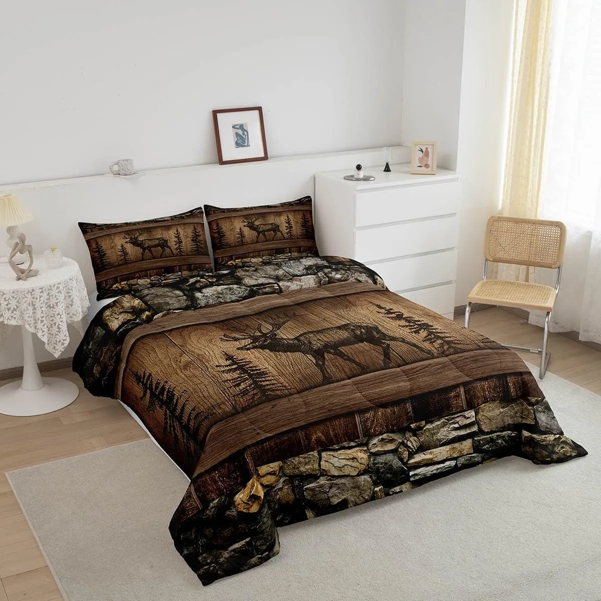 Erosebridal Deer Moose Comforter Set Queen Rustic Cabin Lodge Bedding Comforter Sets for Kids Boys Adults Men Woodland Hunting Wildlife Animal Bedding Set Country Farmhouse Quilt Duvet Brown