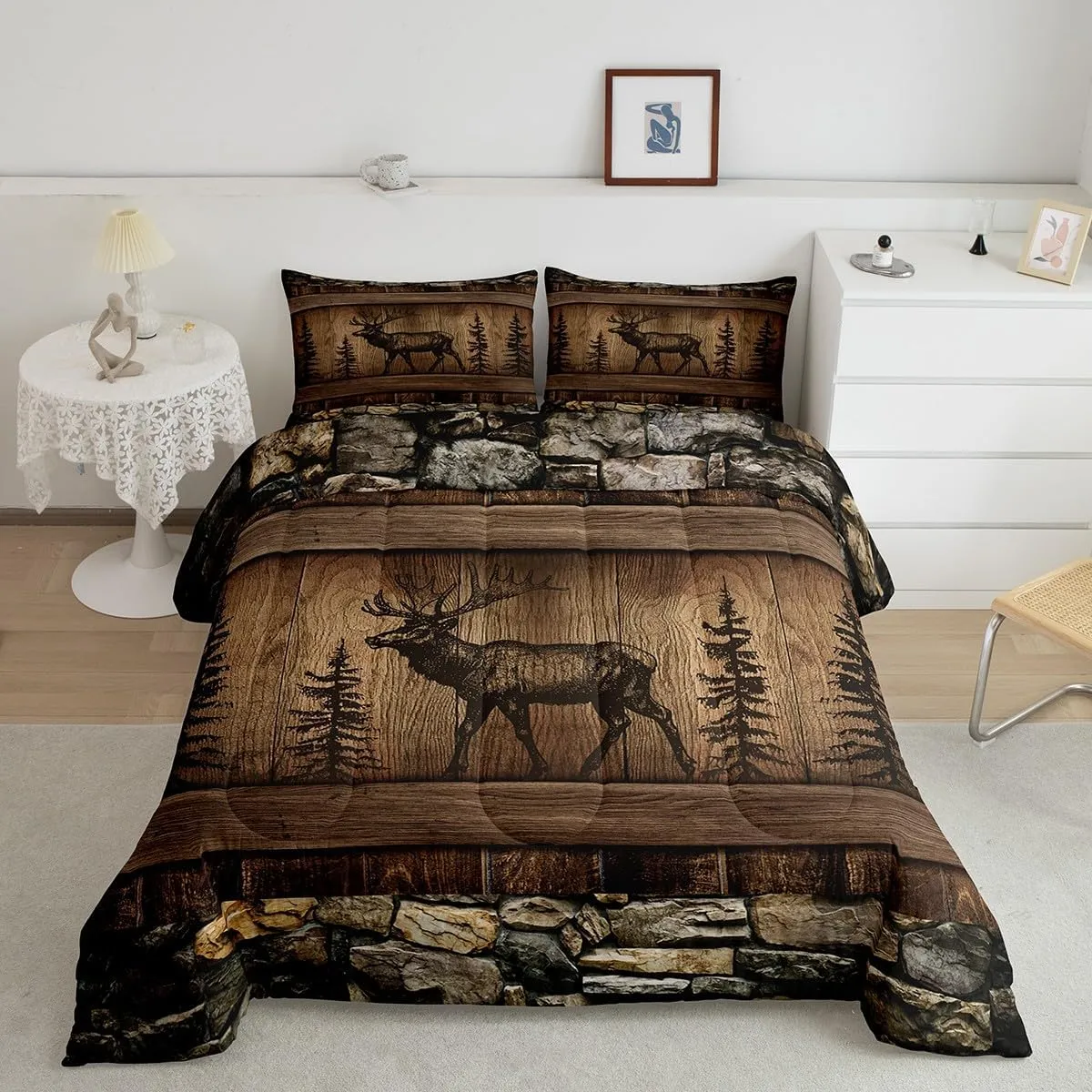 Erosebridal Deer Moose Comforter Set Queen Rustic Cabin Lodge Bedding Comforter Sets for Kids Boys Adults Men Woodland Hunting Wildlife Animal Bedding Set Country Farmhouse Quilt Duvet Brown