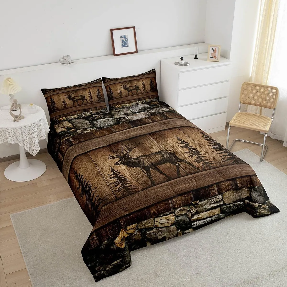 Erosebridal Deer Moose Comforter Set Queen Rustic Cabin Lodge Bedding Comforter Sets for Kids Boys Adults Men Woodland Hunting Wildlife Animal Bedding Set Country Farmhouse Quilt Duvet Brown