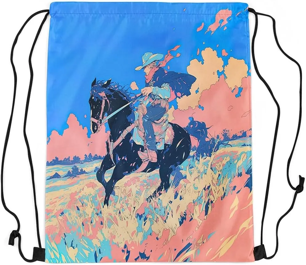 Erosebridal Derby Racing Horse Drawstring Backpack 13x15.7,Watercolor Western Drawstring Bags,Equestrian Sports Draw String Back Bag,Rustic Farmhouse Pink Blue String Backpack