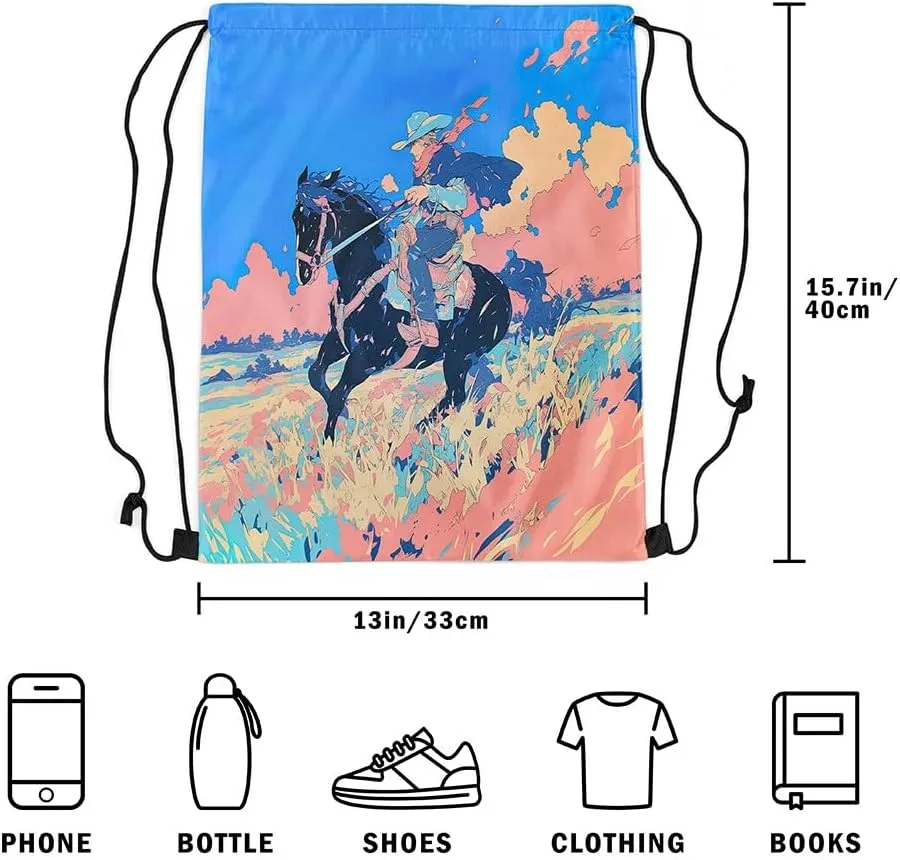 Erosebridal Derby Racing Horse Drawstring Backpack 13x15.7,Watercolor Western Drawstring Bags,Equestrian Sports Draw String Back Bag,Rustic Farmhouse Pink Blue String Backpack