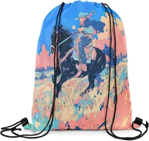 Erosebridal Derby Racing Horse Drawstring Backpack 13x15.7,Watercolor Western Drawstring Bags,Equestrian Sports Draw String Back Bag,Rustic Farmhouse Pink Blue String Backpack