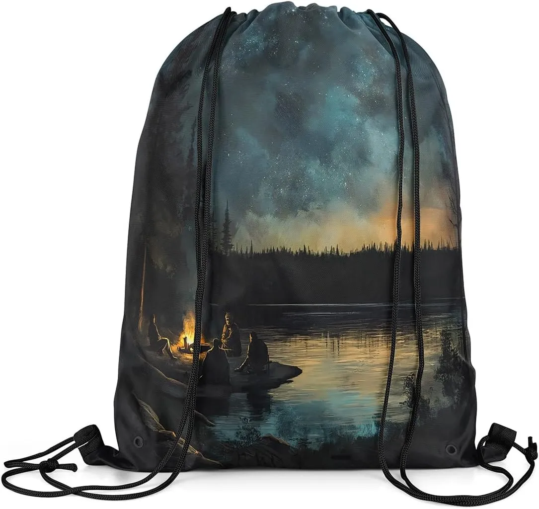 Erosebridal Family Camping Sackpack Camper Drawstring Backpack 13x15.7 For Sport Gym Swim Yoga Camping Jungle Adventure Botanical Mountain Foldable String Bag Rustic Woodland Cabin Cinch Bags