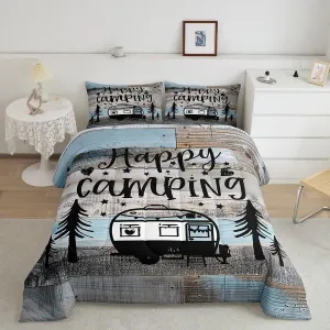 Erosebridal Happy Camping Comforter Set for Boys, Camper Decor Bedding Set Rustic Farmhouse Down Comforter Cabin Decor, Vintage Wooden Planks Duvet Insert Twin with 1 Pillow Case, Blue Grey Black