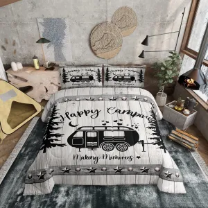 Erosebridal Happy Camping Comforter Set Queen Camper Bedding Set,Rustic Farmstyle Camping Themed Duvet Insert,Vintage Western Texas Star Comforter Set for Women Men,Camper Bedding for Travel Trailers