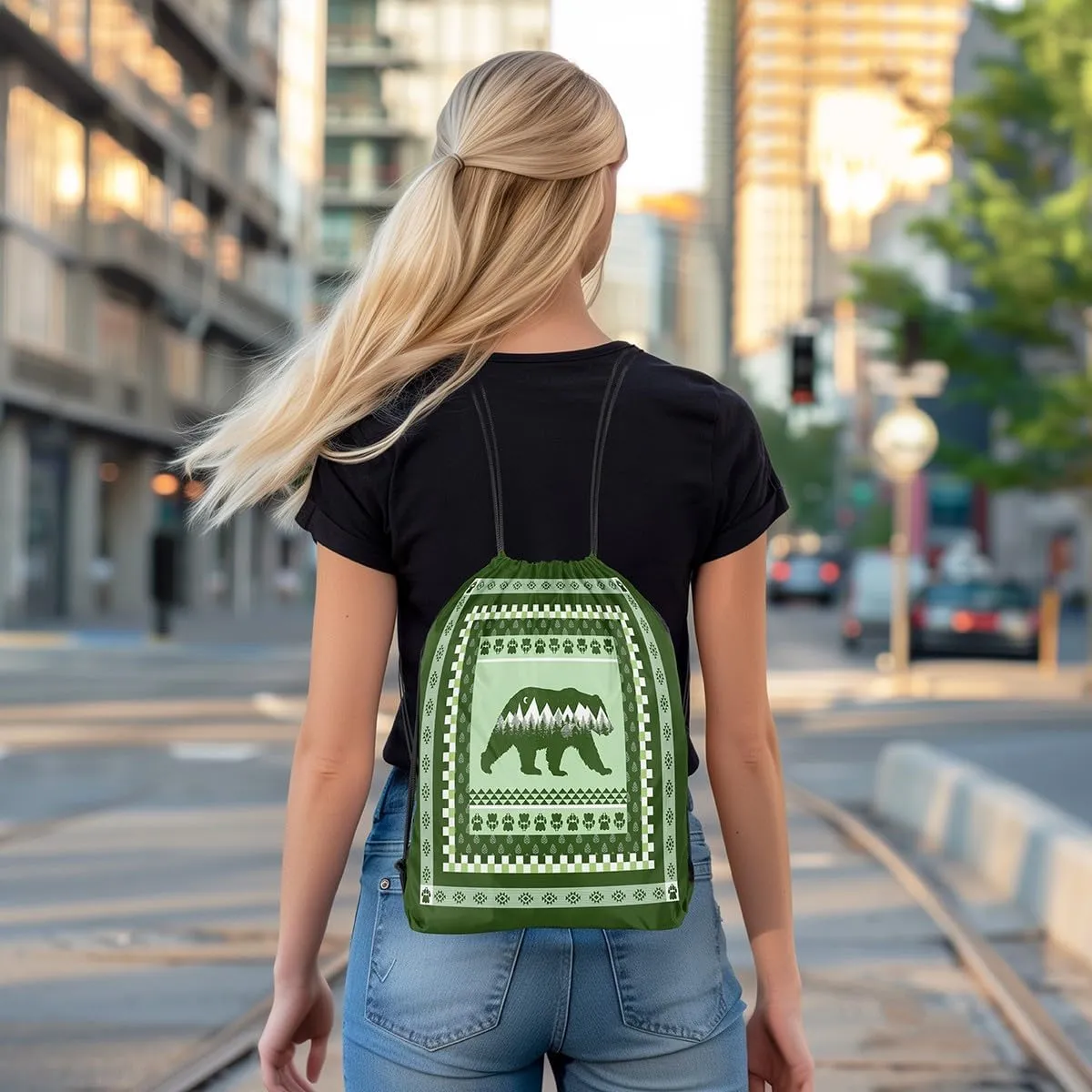 Erosebridal Rustic Cabin Lodge Draw String Back Bag,Bear Animal Drawstring Backpack for Sport Gym Swim Yoga Camping Traveling,Western Farmhouse Drawstring Bags,Jungle Woodland String Backpack,13x15.7