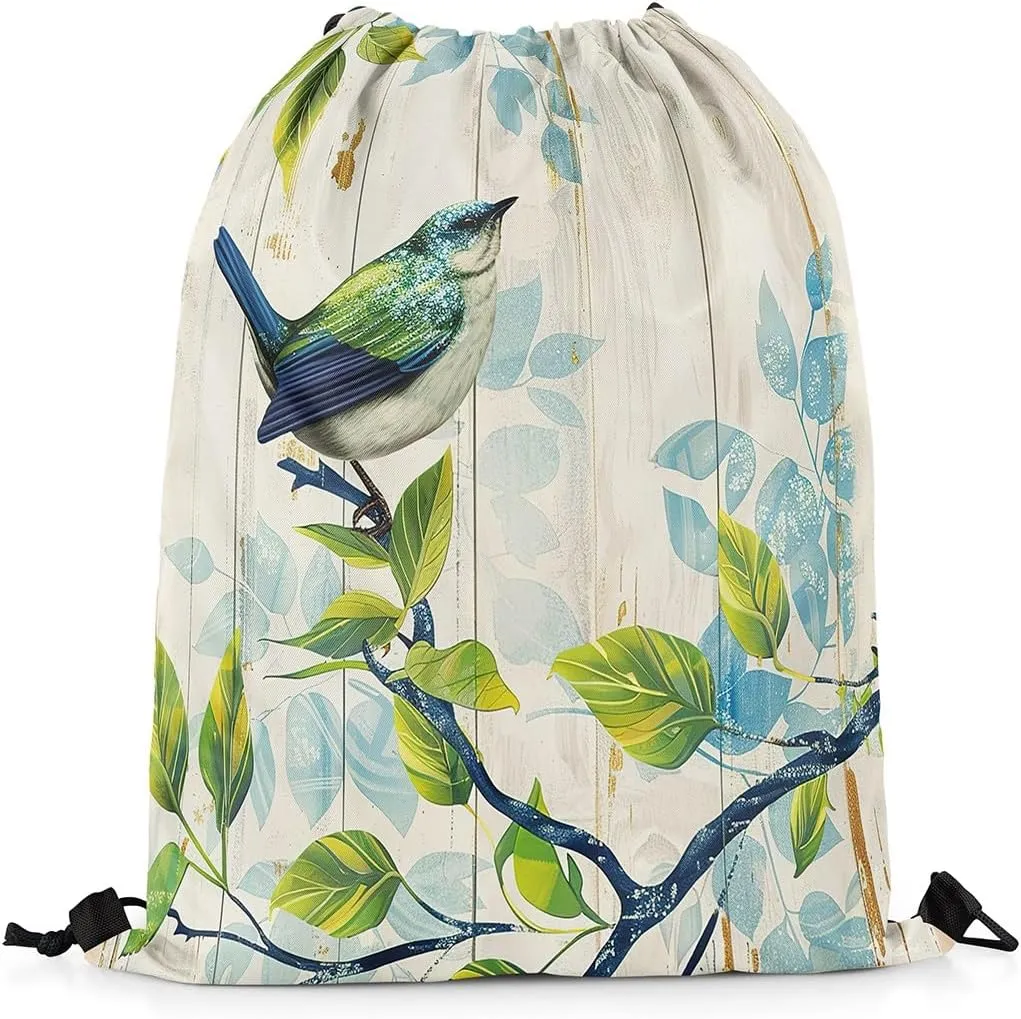 Erosebridal Sparrow Drawstring Backpack 13x15.7,Birds on the Branch Drawstring Bags,Rustic Farmhouse Wooden Board Barn Draw String Back Bag,Tropical Botanical Leaves Cinch Bag,Green Beige