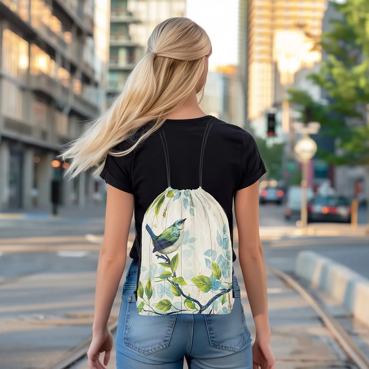 Erosebridal Sparrow Drawstring Backpack 13x15.7,Birds on the Branch Drawstring Bags,Rustic Farmhouse Wooden Board Barn Draw String Back Bag,Tropical Botanical Leaves Cinch Bag,Green Beige