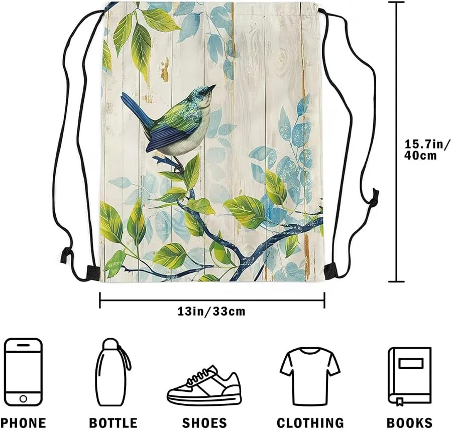Erosebridal Sparrow Drawstring Backpack 13x15.7,Birds on the Branch Drawstring Bags,Rustic Farmhouse Wooden Board Barn Draw String Back Bag,Tropical Botanical Leaves Cinch Bag,Green Beige